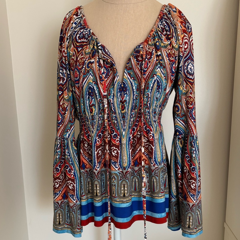 Bell Sleeve, Paisley Multicolor Tunic Top; Elastic Waist; Tie Neck; Women’s L;